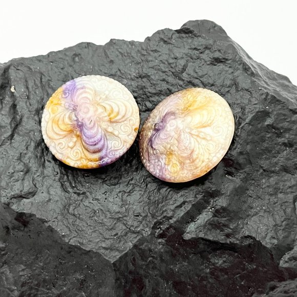 CELLULOID CARVED EARRINGS, ASIAN HAT SHAPED CLIP-ON, VERY SHINY COLORFUL DAINTY - Picture 2 of 6